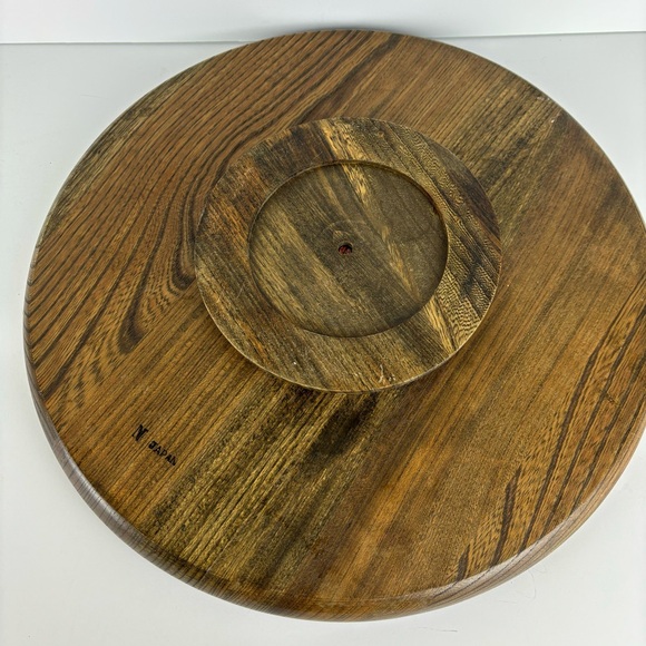 Lazy Susan Walnut Wood Gold Wheat Tile 14” Tabletop Turntable MCM Serving Tray - Picture 12 of 16